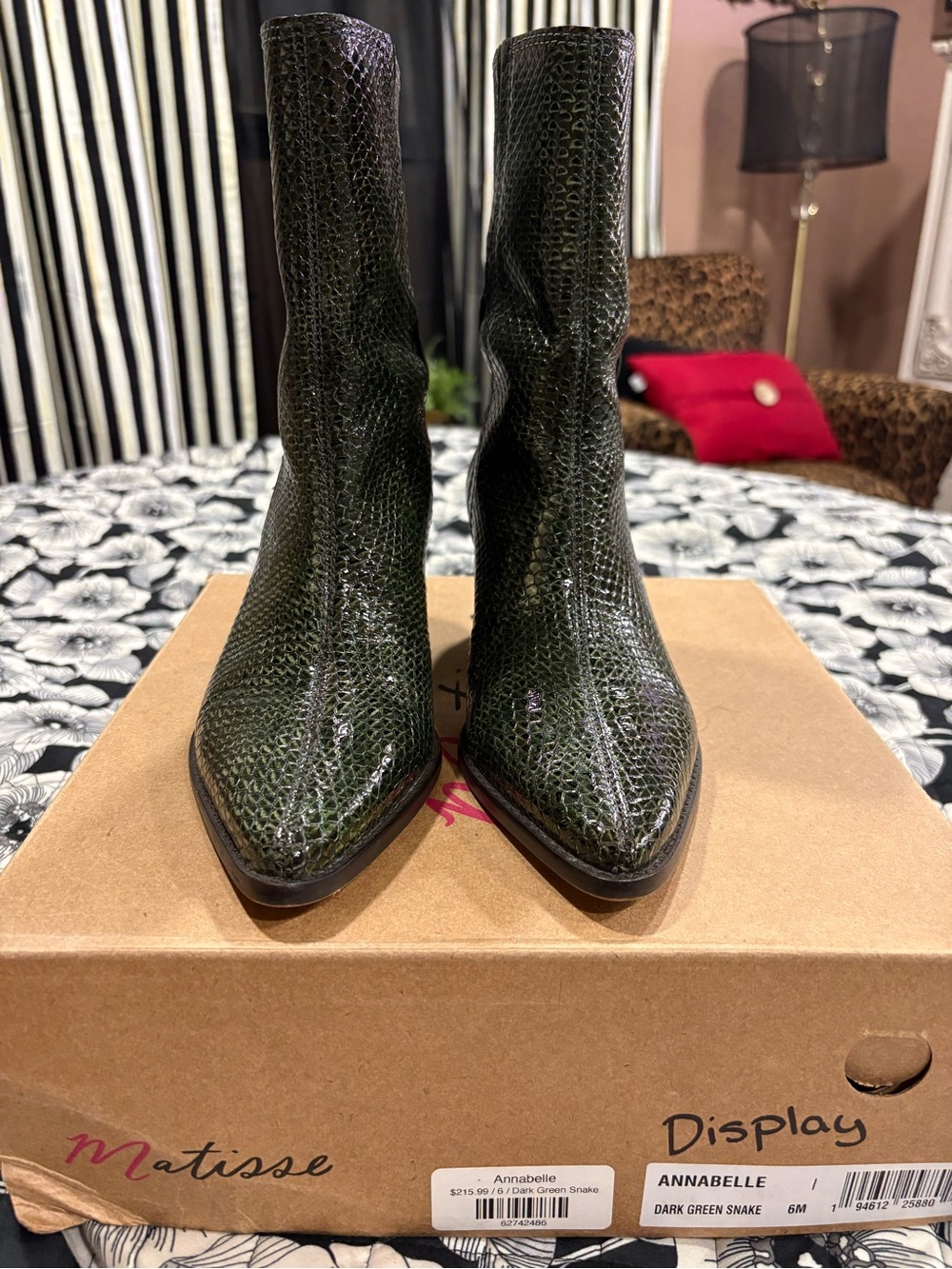 Matisse Dark Green Snake-Embossed Pointed Toe Ankle Boots
